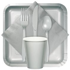 a plastic tray with silverware and napkins