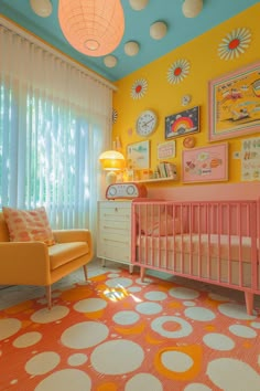 a baby's room decorated in bright colors and polka dot carpet, with yellow furniture