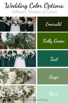 Shades of Green Wedding Color Options: emerald, kelly green, teal, sage green, and mint green and wedding photos Wedding Color Green Emerald, Green Theme For Wedding, Green Shades For Wedding, Unique Colors For Wedding, Wedding Color Schemes Spring Green, Different Shades Of Green Bridesmaids Color Palettes, Summer Wedding Green Color Schemes, Emerald Color Scheme Wedding, Wedding Theme Ideas Unique 2023