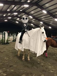 a skeleton riding on the back of a horse wearing a white sheet over it's face