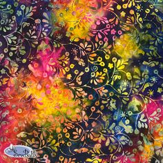 an abstract painting with colorful flowers and leaves on black background, the colors are multicolored