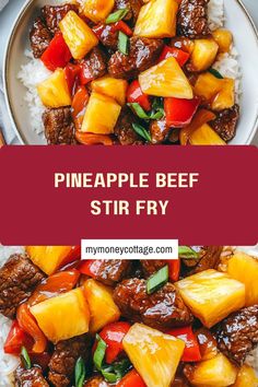 pineapple beef stir fry on top of rice