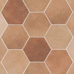 a tile floor with hexagonal tiles in brown and tan colors on top of each other