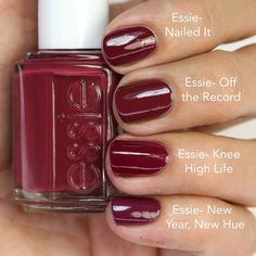 Red Nails Vintage, Essie Nail Polish Aesthetic, Essie Nail Polish Swatches, Fall Nails Essie, Essie Autumn Nails, Soft Autumn Nail Polish, Essie Christmas Colors, Nail Polish Swatches