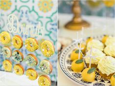 cupcakes and pastries are displayed on plates