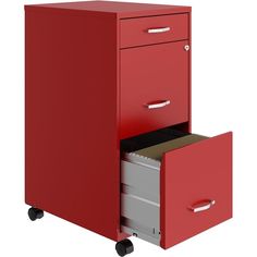 a red filing cabinet with two drawers on casteors and one drawer open to reveal files