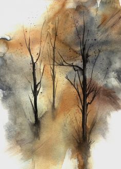 watercolor painting of trees with brown and yellow colors in the background on white paper