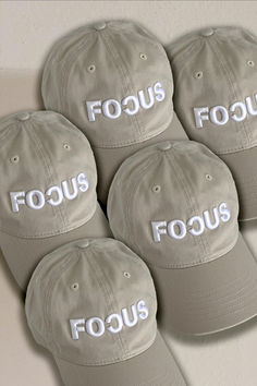 Baseball Cap Hat Cotton Twill in Beige, Black, Navy, Gray, Khaki.  Looking for a stylish, versatile, and sustainable hat? Our Focus 3D Puff Embroidered Baseball Cap is the perfect choice! Featuring a unique reverse "C" design on the word "Focus," this trendy cap stands out from the crowd like a custom hat. Made from 100% organic cotton, it's eco-friendly and perfect for anyone who values sustainability. This all-season hat is for everyone. It is a perfect accessory for a casual outfit, airport o