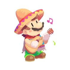 a cartoon character with a guitar and music notes coming out of his mouth while wearing a sombrero