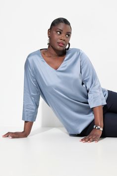 Satin Blouse - Shimmering satin makes this perfect as a statement piece or as part of a layered look. Satin Blouse, V Neck Blouse, Layered Look, Blue Blouse, Statement Pieces, The Selection, Satin, V Neck, Blue