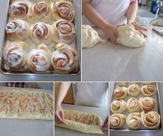 the process of making cinnamon rolls is being performed in several different stages, including doughnuts and buns