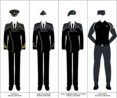 three different uniforms are shown in black and white, each with an officer's hat