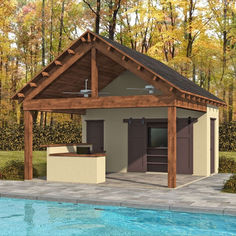 a small pool house next to a swimming pool