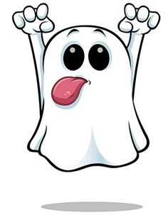 a cartoon ghost with its tongue out and eyes wide open, making a funny face