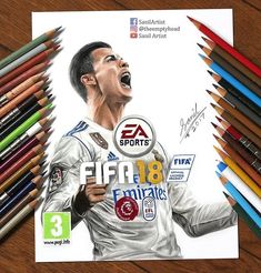 an image of a drawing of a soccer player with colored pencils next to it