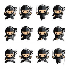 an animation character with various poses and expressions, including the headgear for each character