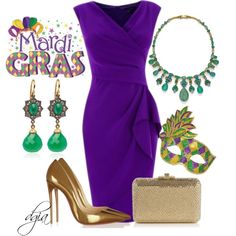 a purple dress and accessories are featured in this fashion ad for mardi gras