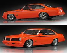 two photographs of an orange muscle car