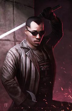 a man holding a knife in his right hand while wearing sunglasses and a leather jacket