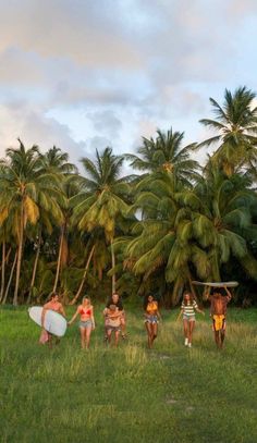 several people are standing in the grass with surfboards on their heads and palm trees behind them