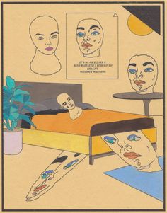 an image of a person laying in bed with different facial expressions on their face and body