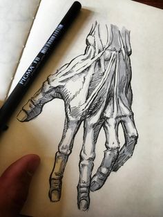 a drawing of a hand holding something in it's right hand, on top of a piece of paper