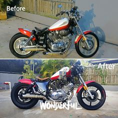 before and after photos of a red motorcycle