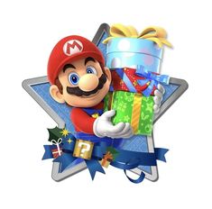 the mario bros character is holding a gift box