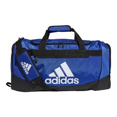 "This adidas Defender IV medium duffel bag is tough enough to keep up with your busy schedule. This adidas Defender IV medium duffel bag is tough enough to keep up with your busy schedule. Water-resistant Durable material built to stand up to wear and tear Extra roomy main compartment that stands tall for easy packing 2 zippered end pockets with space for your team's branding and a zippered outside pocket to stash the little stuff Padded removable shoulder strap and comfortable haul handles for Gym Flooring, Duffel Bags, Compression Socks, Large Backpack, Blue Adidas, Perfect Bag, Adidas Online, Medium Bags, Duffel Bag