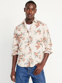 spread collar long sleeves buttoned cuffs button front chest pocket prints vary relaxed fit hits at hip model is approx.  6'1" and wears size mmachine wash according to the care instruction label  . Best Holiday gift for Men , perfect Shirts for Christmas! Post Surgery Clothing, Mens Floral Button Down Shirt, Affordable Men's Button-up Hawaiian Shirt, Hawaiian Style Printed Button-up Camp Shirt, Patterned Button-up Hawaiian Shirt With Graphic Print, Mens Floral Rayon Shirt, Holiday Gifts For Men, Old Navy Men, Family Pajamas