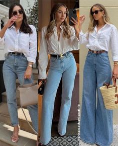 White Shirt Outfit Women Causal, Satin White Shirt Outfit, Morning Outfit Breakfast, Wide Fit Jeans Outfit, White And Blue Jeans Outfit, Outfit Casual Verano Mujer, Jean Office Outfit, White Bottom Up Shirt Outfit, Widelegjeans Outfit Winter