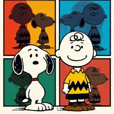 a charlie brown cartoon character standing in front of four different color squares with his dog