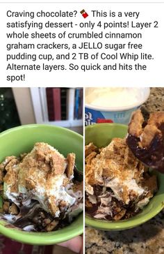 two pictures showing different types of desserts in green bowls and one with chocolate on top