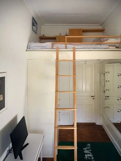 A loft bed with an elegant oak ladder, railing and custom storage