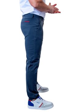 A stretchy and slim fit destines these timeless pants for all-day comfort and endless style no matter what you pair them with. Zip fly with button closure Front slant pockets; back welt pockets 85% polyamide, 15% elastane Hand wash, dry flat Made in Turkey Slim Fit Bottoms With Pockets, Casual Fitted Straight Work Pants, Fitted Casual Work Pants, Stretch Elastane Straight Leg Chinos, Slim Fit Mid-rise Pants With Pockets, Mid-rise Slim Fit Pants With Pockets, Elastane Work Pants With Pockets For Business Casual, Business Casual Work Pants With Five Pockets, Tapered Leg Elastane Jeans With Pockets