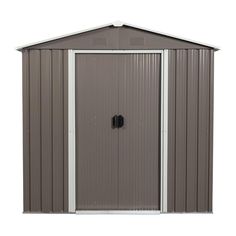 a metal shed with the door open and two windows on each side, in front of a white background