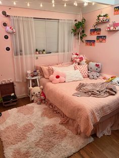 Pink room bedroom cute aesthetic plants hello kitty sanrio cow rug pink cow Pinterest Cute Bedroom Ideas, Casa Vintage, Pastel Room