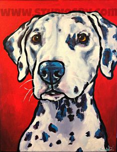 a painting of a dalmatian dog on a red background