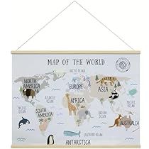 the map of the world hanging on a wall with an animal theme in white and blue