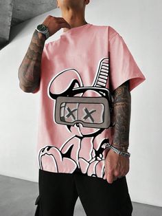 Men's Cartoon Printed Short Sleeve T-shirt Baby Pink Casual  Half Sleeve Fabric Cartoon  Slight Stretch  Men Clothing, size features are:Bust: ,Length: ,Sleeve Length: Streetwear Prints, Trendy Tshirt Designs, Streetwear Tshirt Design, Cool Shirt Designs, Tshirt Printing Design, Tshirt Design Inspiration, Tshirt Printing, Graphic Tshirt Design, Shorts Cargo