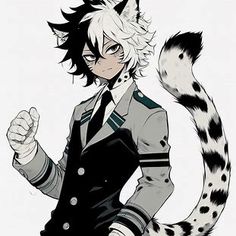 an anime character dressed in black and white with a cat tail on his back, standing next to her