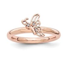 Stackable Expressions Diamond Sterling Silver Pink-Plated Butterfly Ring, Women's, Size: 7 Diamond Butterfly Ring, Monogram Ring Gold, Diamond Signet Ring, Diamond Butterfly, Rose Tone, Bow Jewelry, Pink Morganite, Gold Monogram, Butterfly Ring