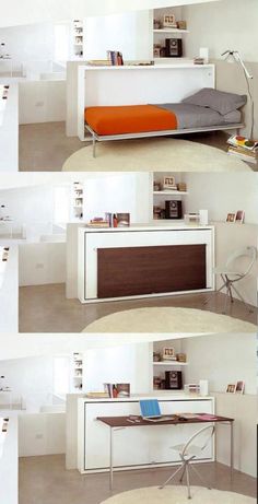 four different views of a white desk with drawers and an orange bed in the middle