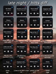 an info sheet with different types of music on the ocean at night / hits off