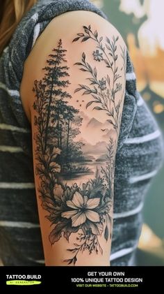 a woman's arm with tattoos on it and flowers in the foregrounds