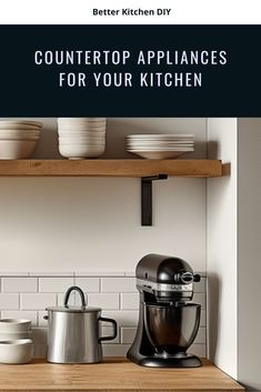 an appliance is sitting on top of a kitchen counter with bowls and pans