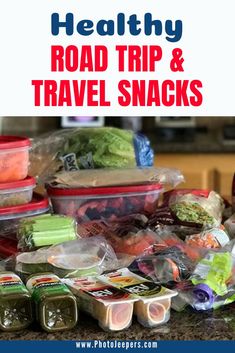 healthy road trip and travel snacks with text overlay that reads healthy road trip & travel snacks