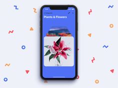 an iphone with the plant and flowers app displayed on it's screen, surrounded by colorful