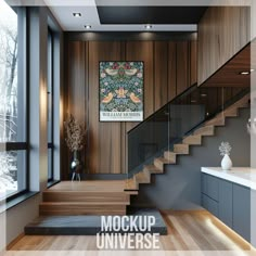 the stairs in this modern house are made of wood and glass, with an artistic painting on the wall