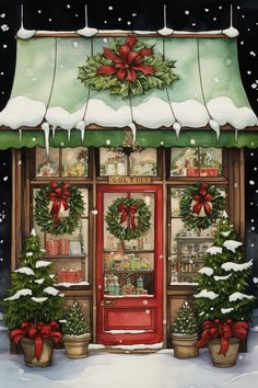 a painting of a store front decorated for christmas